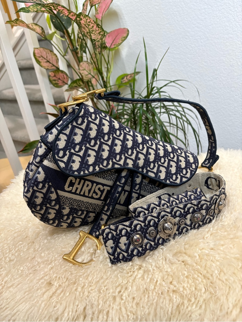 Christian Dior Oblique Embroidered Saddle Bag Blue. *GUITAR STRAP INCLUDED*